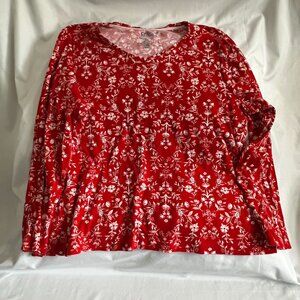 Croft & Barrow Red Floral Long-Sleeve Classic Tee XXL 100% Cotton Soft Comfortab